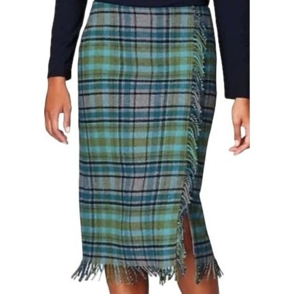 J Jill Plaid & Fringed Skirt Grey Blue Green Size 14P Lined - Picture 3 of 9